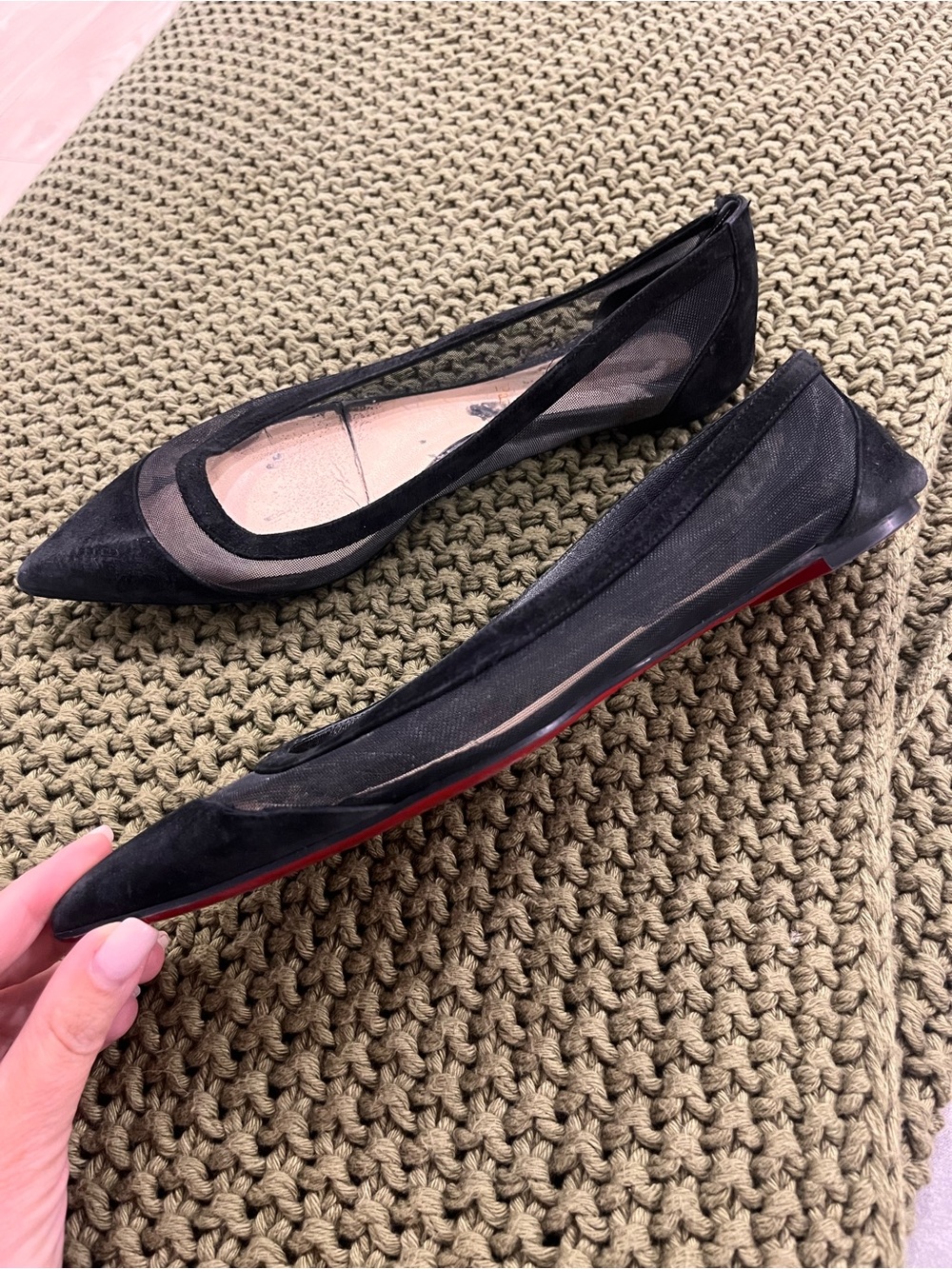 Christian Louboutin Black Mesh Pointed Flats with Signature Red Sole - Picture 2 of 4